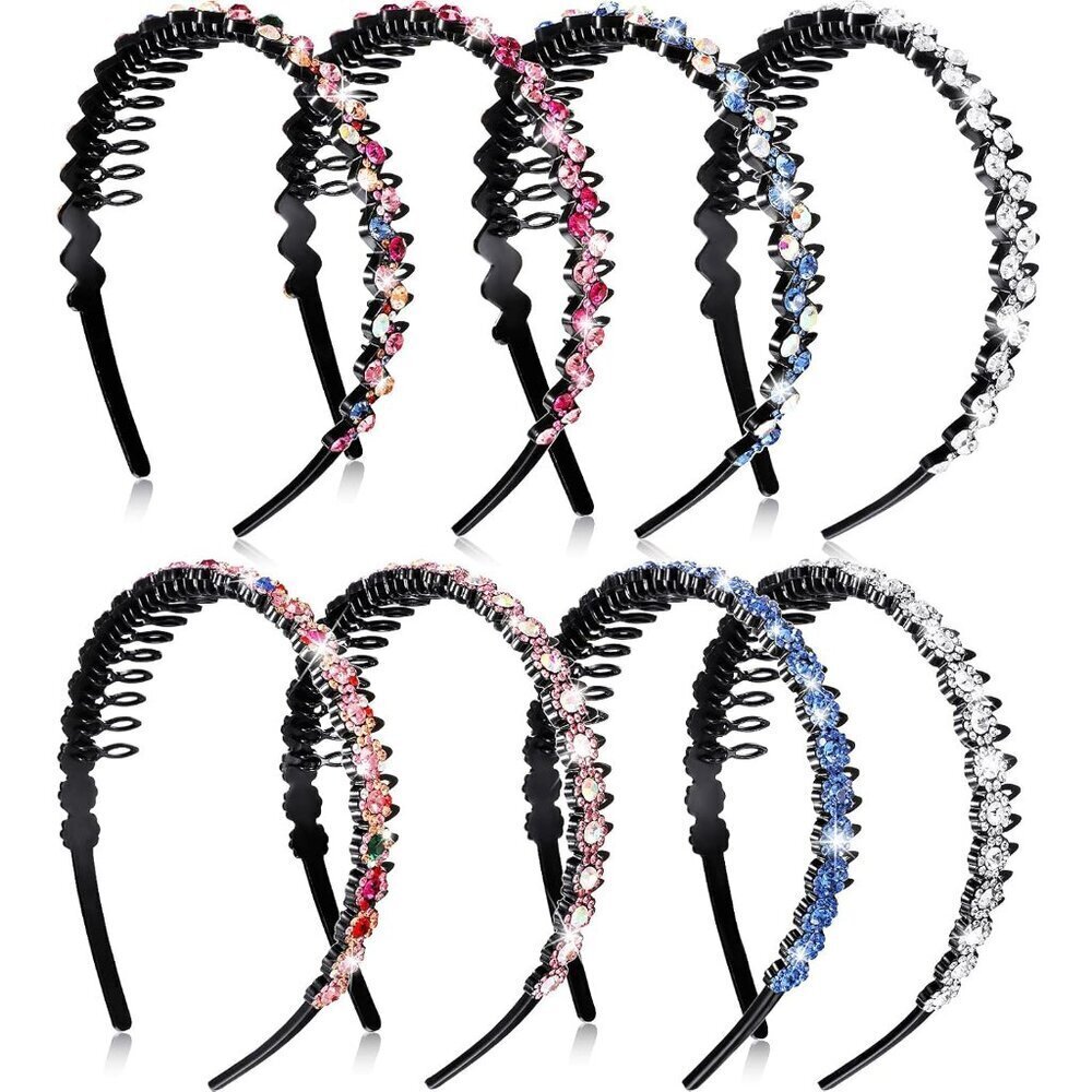 8-Piece Rhinestone Teeth Comb Headbands Women Girls Non-Slip Plastic Jewelry Acc